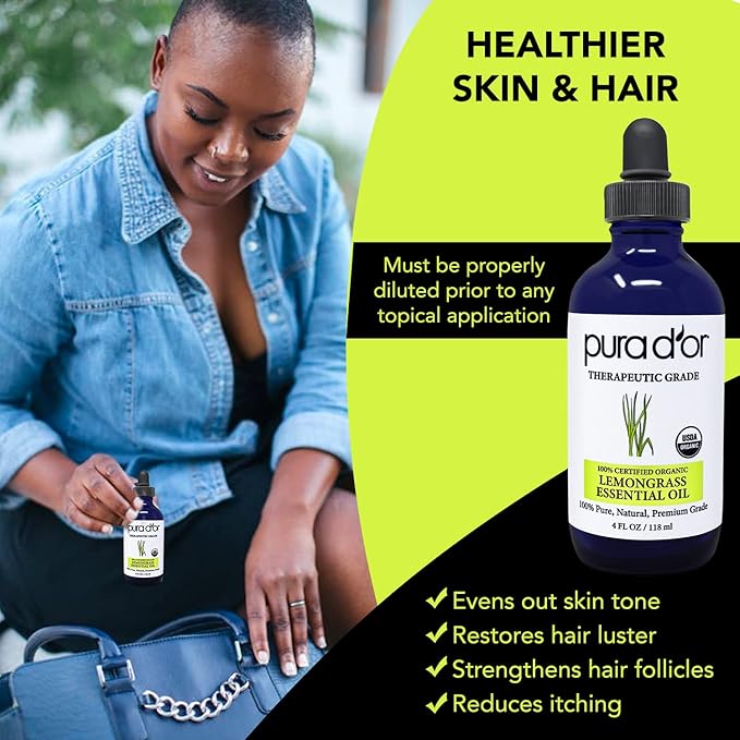 PURA D'OR Organic Lemongrass Essential Oil, 4oz, Therapeutic Grade, for Hair, Body, Skin, Aromatherapy, Relaxation, Massage, Vitality, Home, DIY Soap