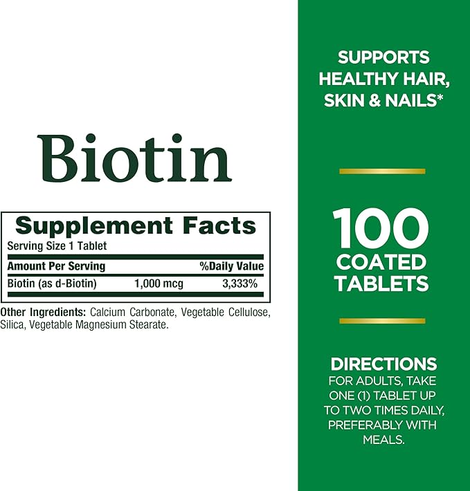 Biotin by Nature's Bounty, Vitamin Supplement, Supports Metabolism for Cellular Energy and Healthy Hair, Skin, and Nails, 1000 mcg, 100 Tablets