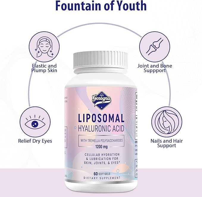 Liposomal Hyaluronic Acid Supplements 1000mg-High Bioavailable Dietary Hyaluronic Acid Capsules-with 200 mg Tremella Polysaccharides for Double Strength Skin Hydration,Joint Lubrication,2 Pack