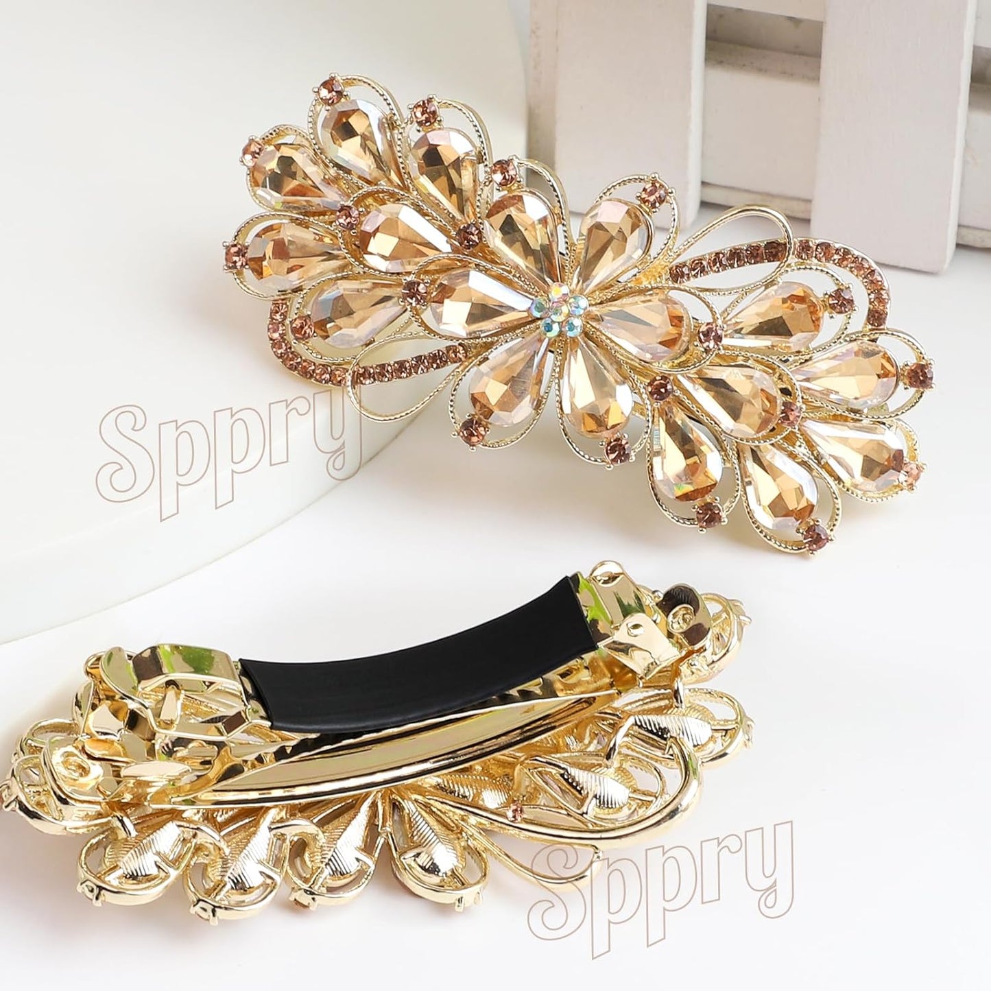 Large Gorgeous Rhinestone Hair Barrette for Women, Flower Jewelry Design (Champagne & Purple)