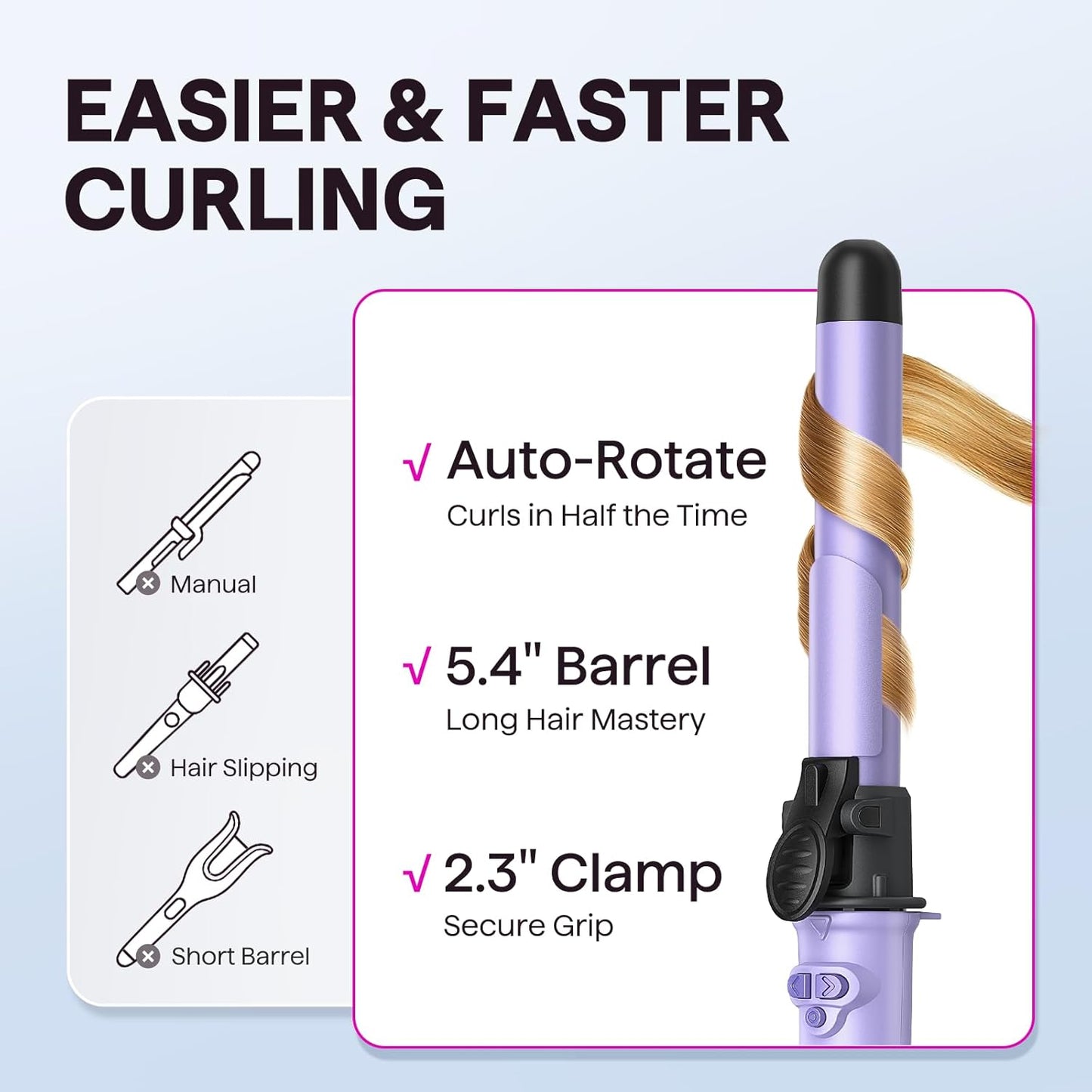 Wavytalk 1 Inch Rotating Curling Iron, Curl Cycle, Automatic Curling Wand for Long Hair, Get Effortless Beach Waves with Self Spinning Barrel up to 430°F with Home Button, Dual Voltage, Purple
