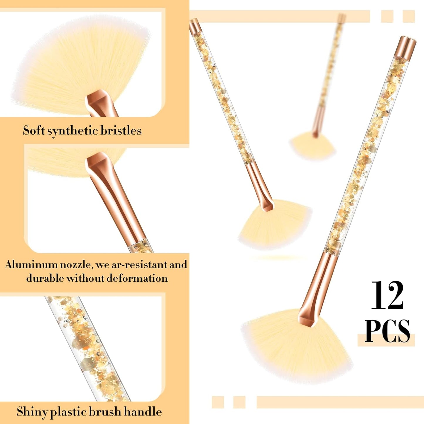 Nuenen 12 Pcs Soft Fan Facial Brushes Mask Acid Applicator Brush for Mud Cream Blush Makeup Peel Glycolic Multi Use Cosmetic Tools with Glitter Quicksand Handle and Pouch(Gold)