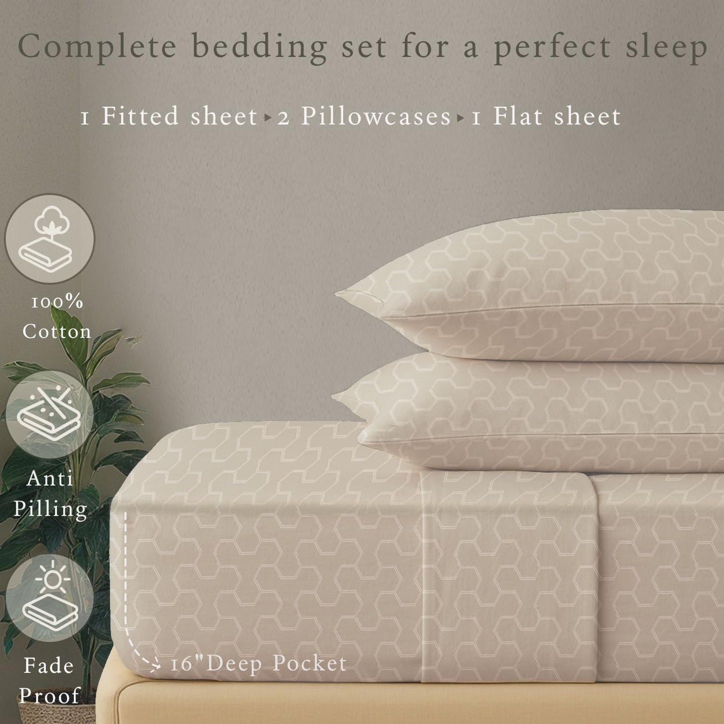 Threadmill 100% Cotton Sheets for King Size Bed | Damask Sateen All-Season 500Thread Count 4 Pc King Bed Sheets Set | Soft, Breathable Hotel Quality | Snug Fit Elastic Deep Pocket King Sheets | Beige