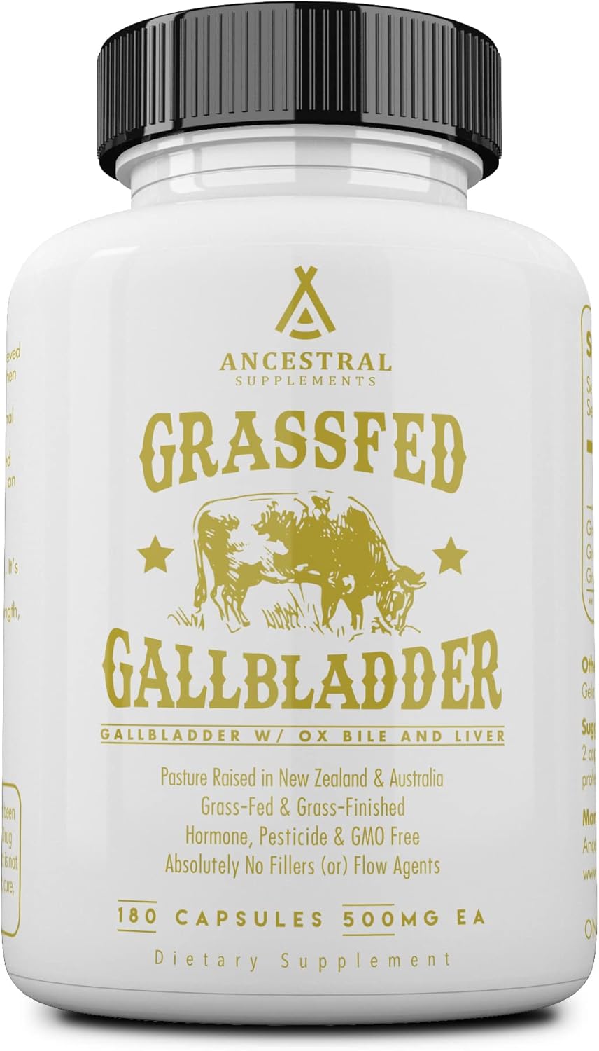Ancestral Supplements Grass Fed Beef Gallbladder Supplements with Ox Bile and Liver, 500mg, Liver and Gallbladder Support Complex Promotes Gallbladder & Digestive Health and Bile Flow, 180 Capsules