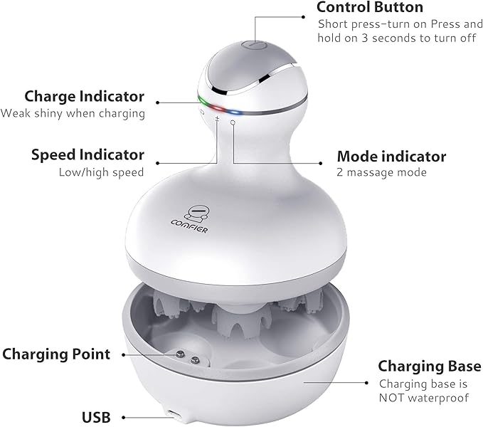 COMFIER Cordless Hair Scalp Massager- Electric Head Massager with Kneading 84 Massage Nodes, Handheld Portable Head Scratcher Massager for Hair Growth, Neck Back Massager with Heat, Shiatsu Neck & S