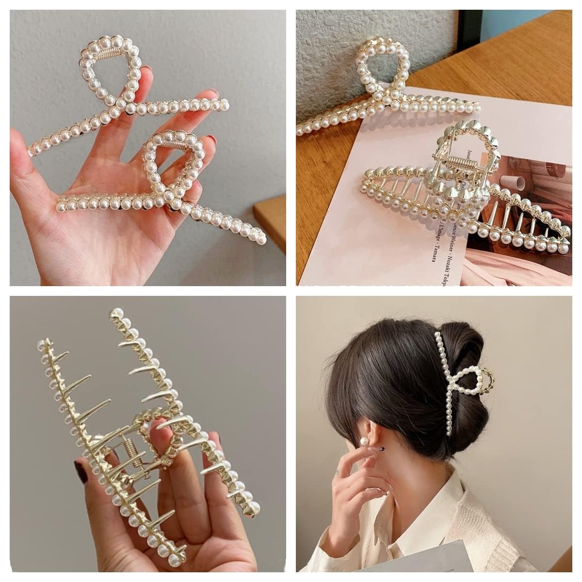 Metal Hair Clips Imitation Pearl Rhinestone Non Slip Hair Claw Clamps Barrettes Decorations for Thin Thick Hair, Crystal Bow Hairpin for Women Girls (2 Pack)