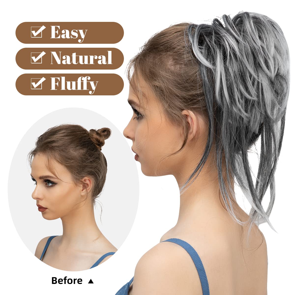 CJL HAIR Messy Bun Hair Piece Curly Hair Bun Extensions with Straight Tails Synthetic Hair Scrunchies Ponytail Hairpieces for Women Black mix Gray and White Tips