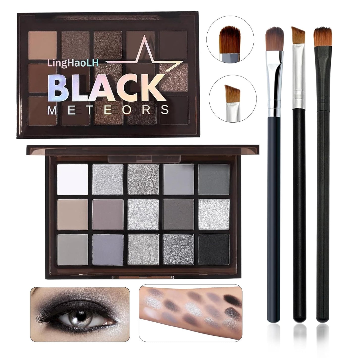 Black Grey Smoky Eyeshadow Palette,15 Colors Matte Shimmer Pigmented Eye Shadow Makeup Palette Set with 3 Eyeshadow Brushes,Glitter Eyeshadow Makeup Palette for Daily Halloween Goth Makeup(A)