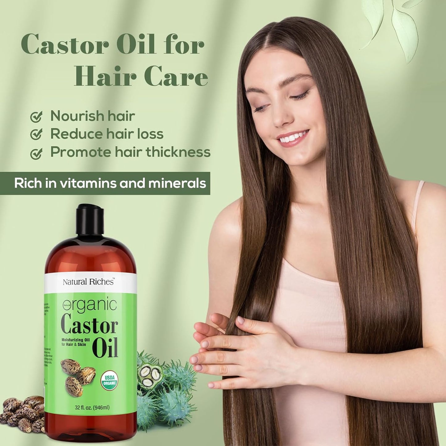 Natural Riches Organic Castor Oil - Cold Pressed, USDA Certified for Dry Skin, Hair Loss, Dandruff, Hair Growth, and Thicker Eyelashes & Eyebrows - 32 fl. oz.