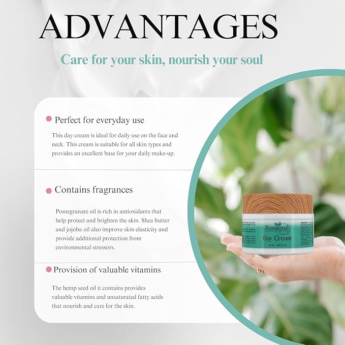 Hyaluronic Acid Day Cream - Daily Face Moisturizer - Facial Skin Care and Neck with Shea & Pomegranate Oils - Ultra Hydrating Face Cream, 50ml | FL.OZ 1.69