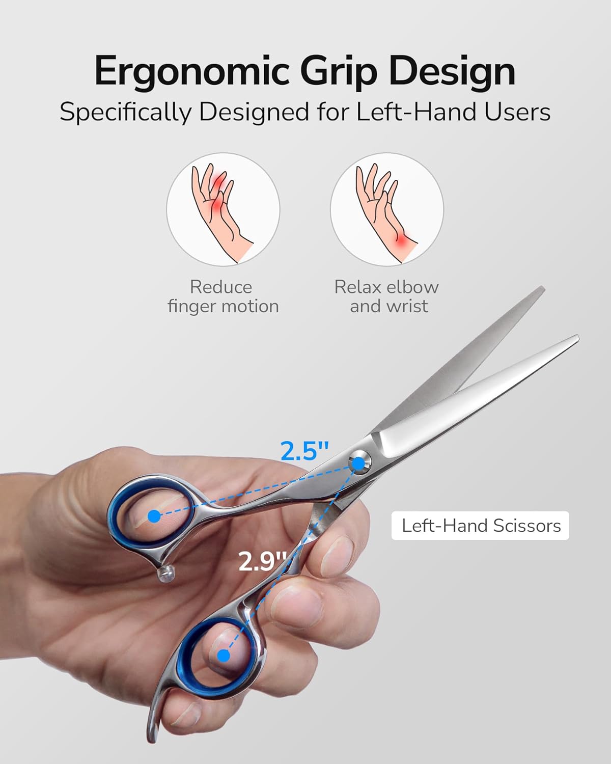 Hair Cutting Scissors for Left Hand, ULG Left-Handed Professional Hair Scissors 6.5-Inch Razor Edge Barber Shears for Salon and Home Hair Cutting Made of Japanese Stainless Steel, Blue Fingerhole Ring
