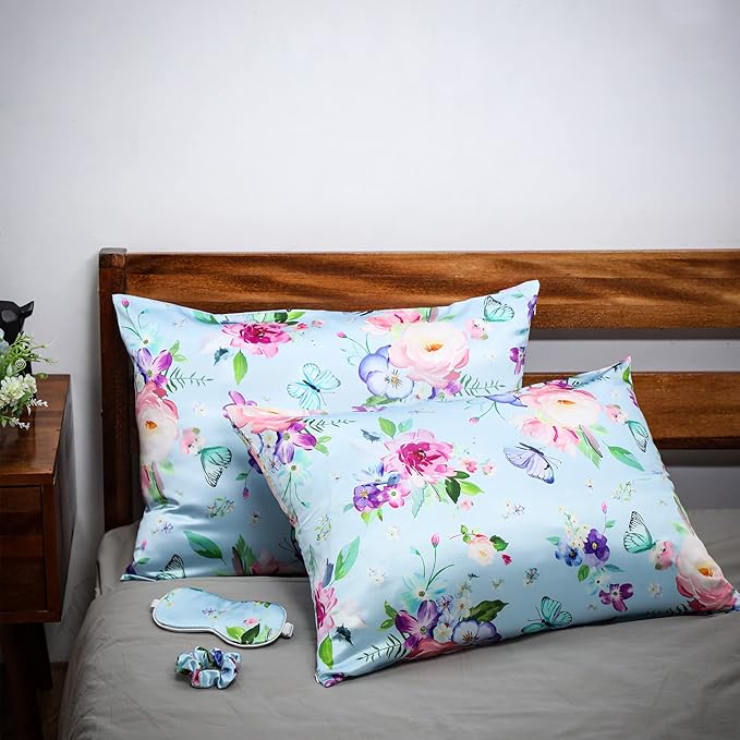 2 Pack Satin Pillowcase with Latent Zipper, Adjustable Satin Eye Mask for Sleeping and Satin Volume Scrunchie for Hair and Skin, Standard Size (Light Blue,Flower Style)