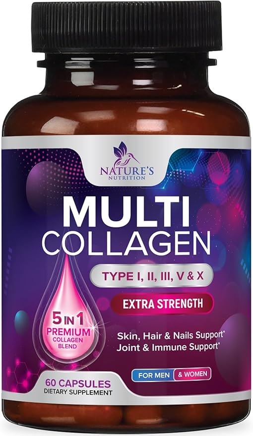 Collagen Peptides for Women & Men - Type I, II, III, V, X Multi Collagen Pills, Hydrolyzed Collagen Peptides Supplements, Nature's Hair, Skin, Nail, and Joint Support Supplement, Non-GMO, 60 Capsules