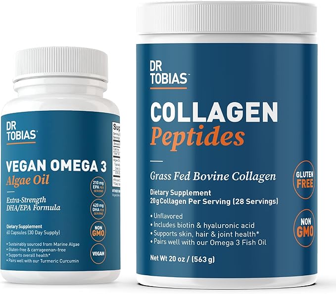 Dr. Tobias Vegan Omega 3 Algae Oil and Collagen Peptides Powder, Overall Health, Gut & Immune Support Plus Beauty & Vitality Bundle, Non-GMO