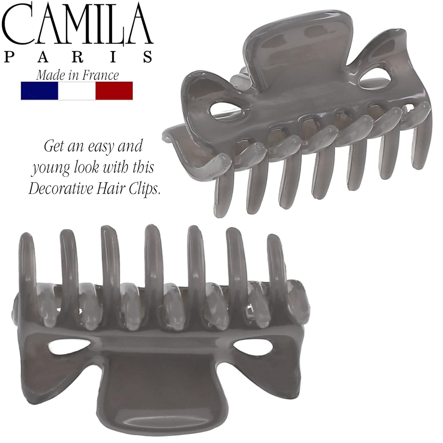 Camila Paris CP3511 French Hair Clip for Women, 1.5 inch Set of 2 Gray Girls Hair Claw Clips Jaw Fashion Durable Styling Hair Accessories for Women, Strong Hold No Slip Grip, Made in France