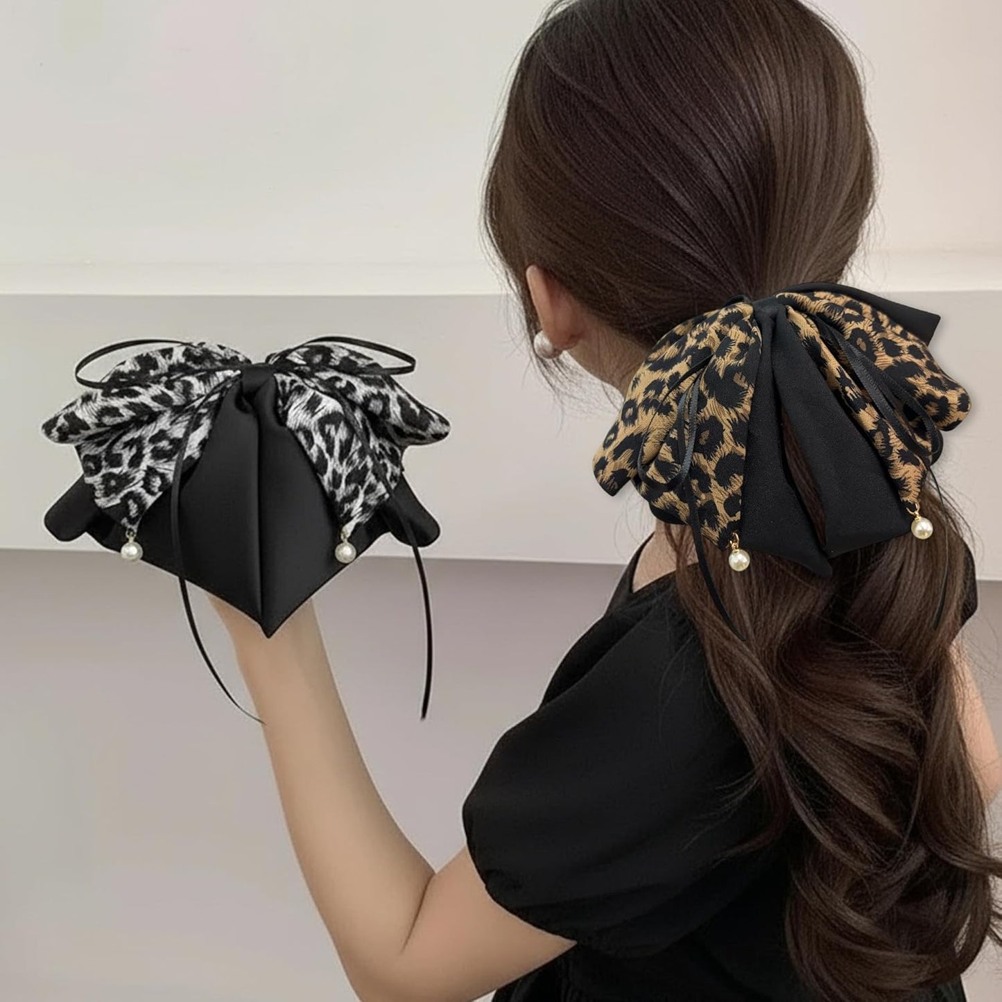 2PCS Leopard Pearl Print Bow Hair Ponytail Claw clip, Non-Slip Hair Grips for Women, Ribbon Bowknot Hair Clips French Style with Long Tail for Women Girls Ponytail Hair Decorations Accessories