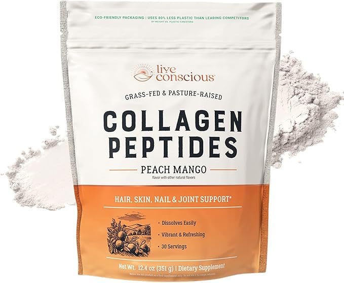 Live Conscious Collagen Peptides Powder - Peach Mango Flavored Collagen Powder - Hair, Skin, Nail, & Joint Support - Type I & III Grass-Fed Collagen Supplements for Women and Men - 30 Serving - 12.4oz