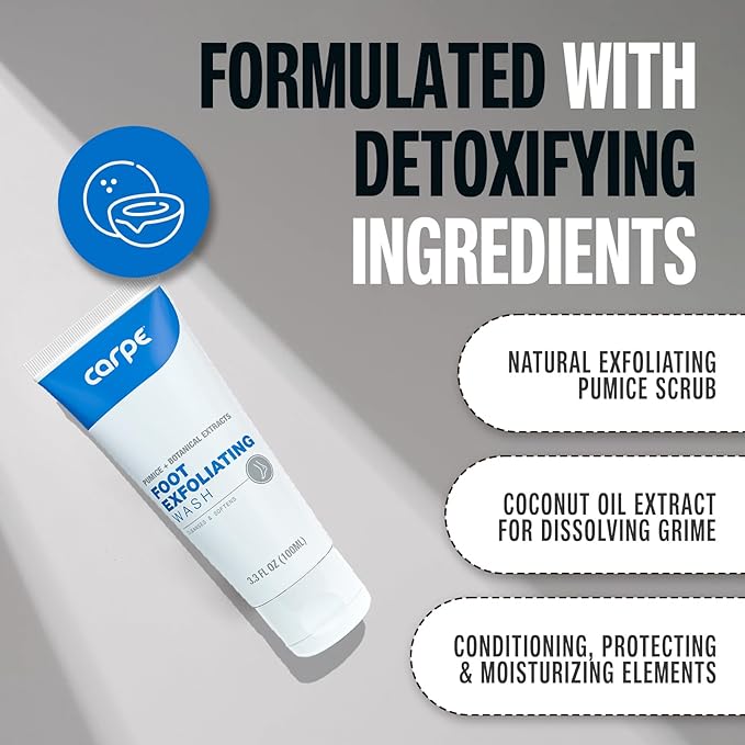 Carpe Exfoliating Foot Scrub - Odor Protection Feet Exfoliator Scrub & Foot Odor Eliminator for Feet - Improves Foot Antiperspirant Performance - Minty Fresh Foot Wash For Women & Men