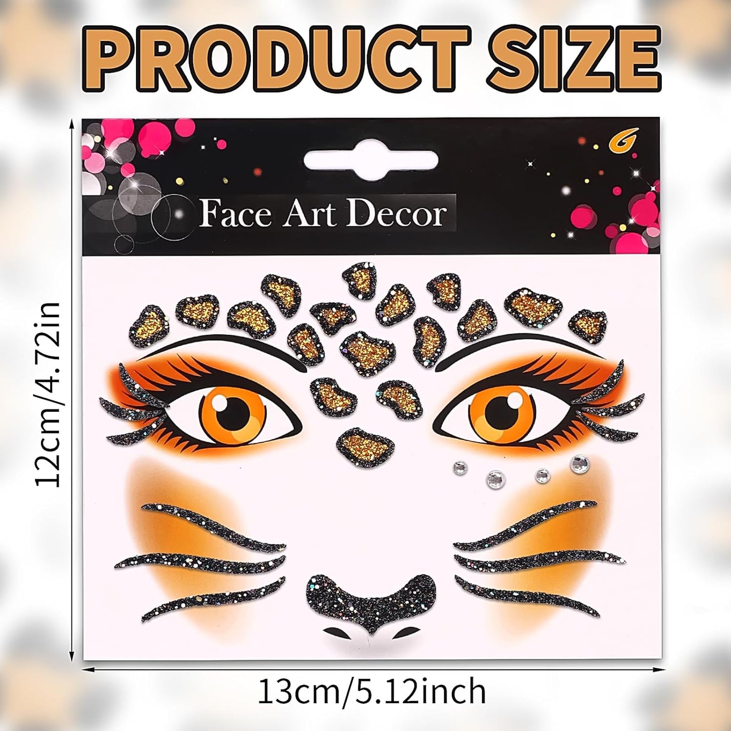 Face Stickers Gems Halloween Temporary Tattoo Sticker Animals Face Sticker Decal Body Face Self-adhesive Sticker Stage Makeup Party Cosplay Decoration 2pcs (cheetah)