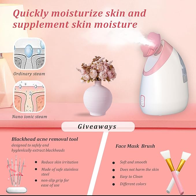 AUSSEN Facial Steamer,Nano Ionic Hot Mist Face Steamer Humidifier Atomizer Deep Cleaning Unclogs Pores Sinuses with Stainless Steel Skin Kit Brushes Hair Band for Home Facial Sauna Spa