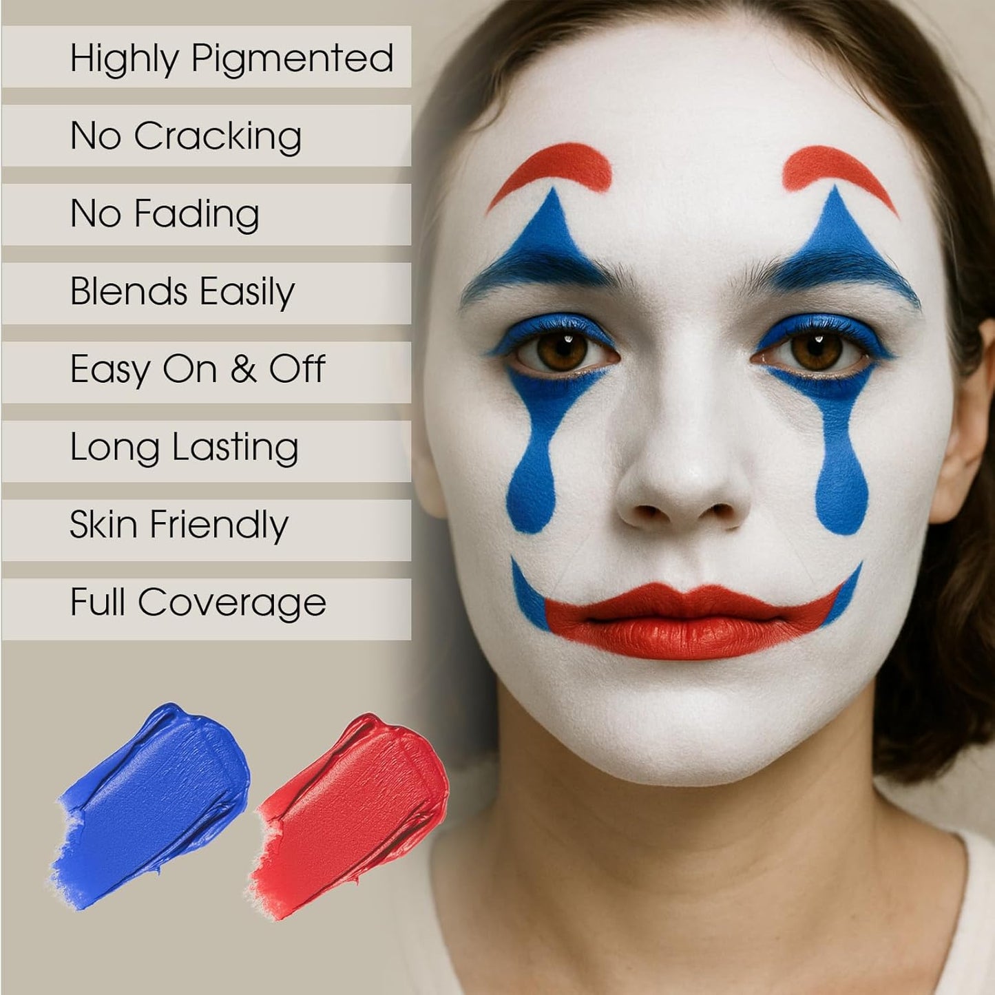 BAD COLOR 3PCS Red Blue Face Body Paint Stick Makeup for Harley/Joker SFX Cosplay & Dress Up, Red Liquid Eyeliner Stamp Pen for Clown Costume Cosplay