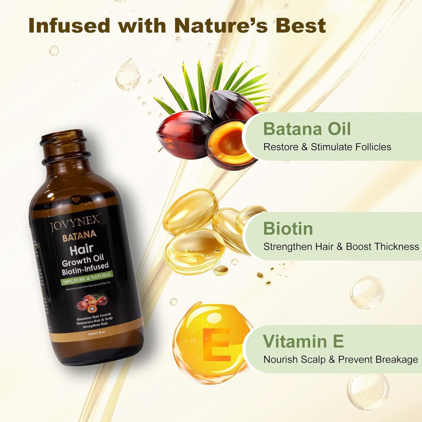 Batana Organic Oil with Biotin for Hair Growth, 2 FL OZ Pure Natural Oil for Hair Treatment Thicker, Fuller Hair DHT Blocker Scalp Nourishment Repairs Dry & Damaged Hair, Prevents Hair Loss