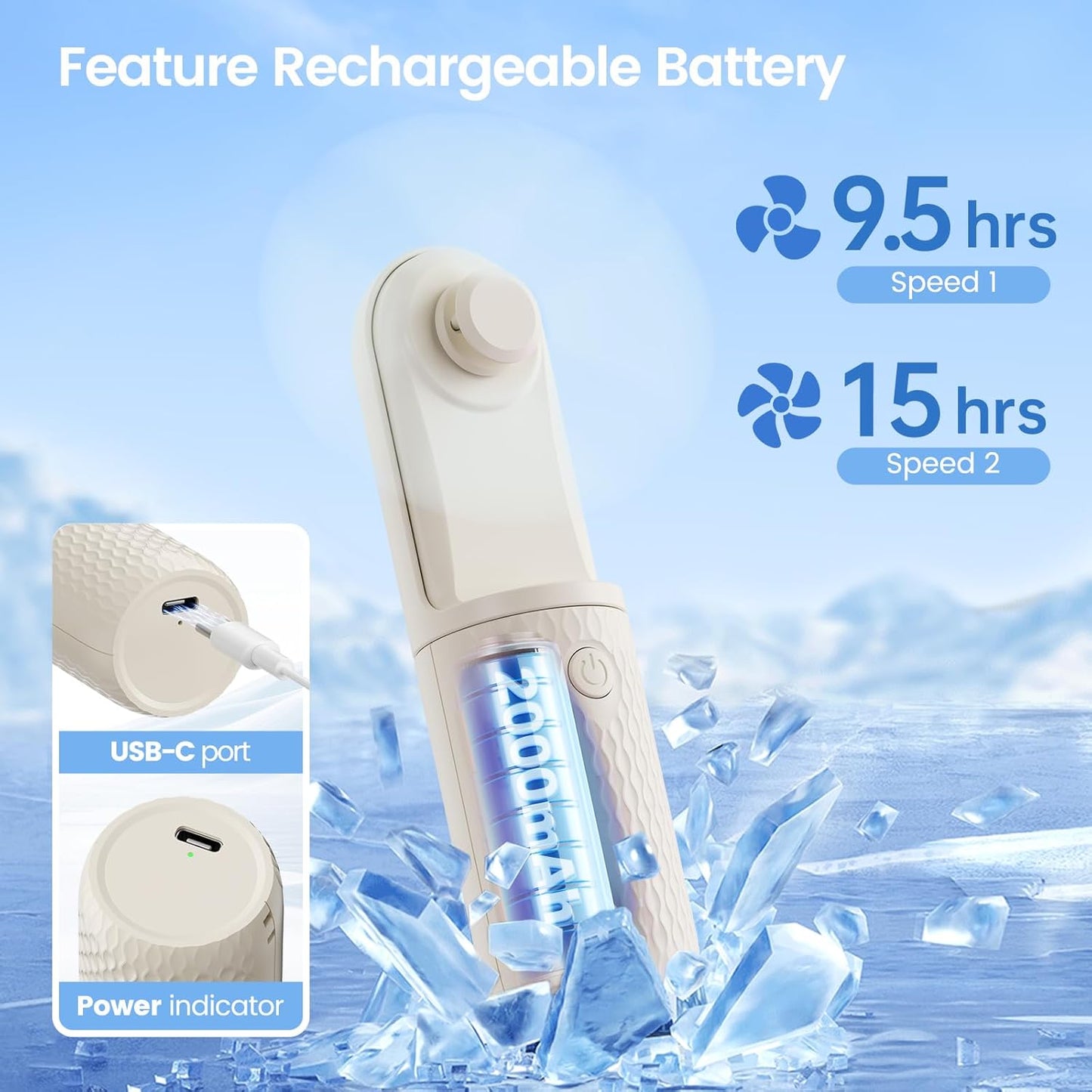 Handheld Mini Fan, Rechargeable Battery Operated small Portable Fan Up to 15 Working Hours, Powerful Safety Design Pocket Fans for Travel/Outdoor/Concert/Beach/Make-up, Gifts for Mom, Teens, Beige