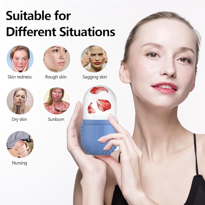 2pcs Ice Roller for Face and Eye, Silicone Ice Facial Roller Ice Holder, Face Ice Mold Skin Care, Face Icers Reusable Ice Cube Roller for Shrink Pores Anti Wrinkle Reduce Puffiness, Black Blue