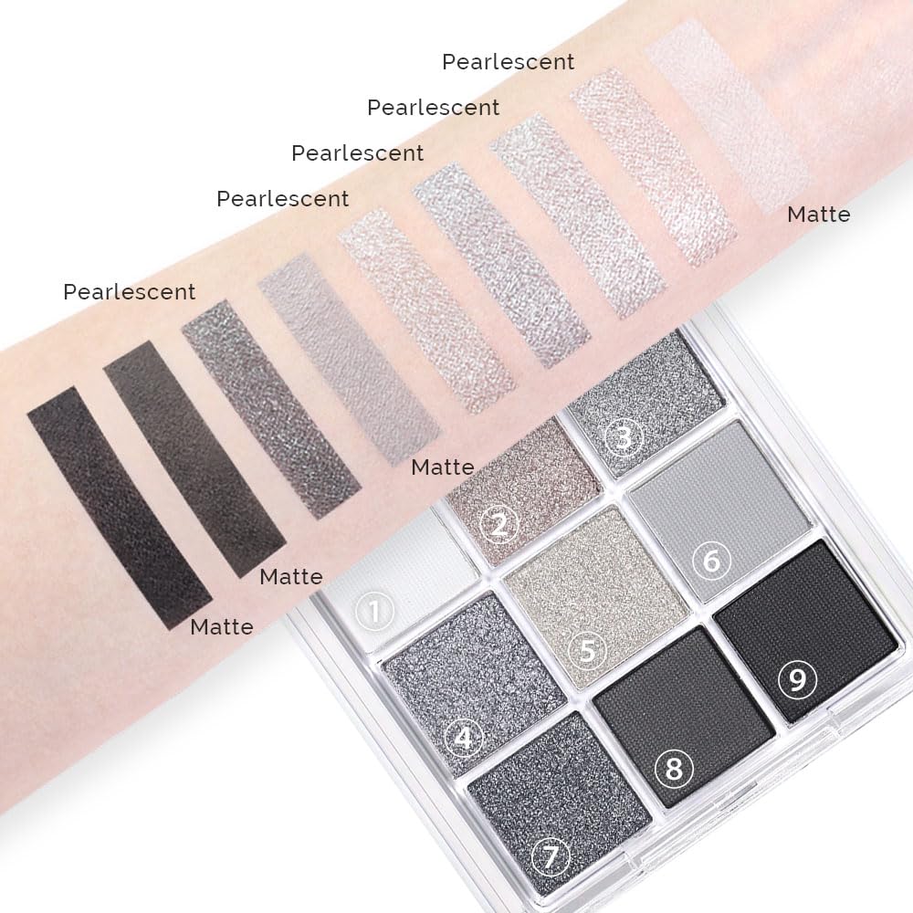 evpct 9 Colors Silver Gray Glitter Eyeshadow Palette, Black Smokey Grey and Silver White Sparkle Glitter Shimmer Shiny Eye Shadow Palette Makeup kit for older Women, High Pigment Waterproof eyeshadow