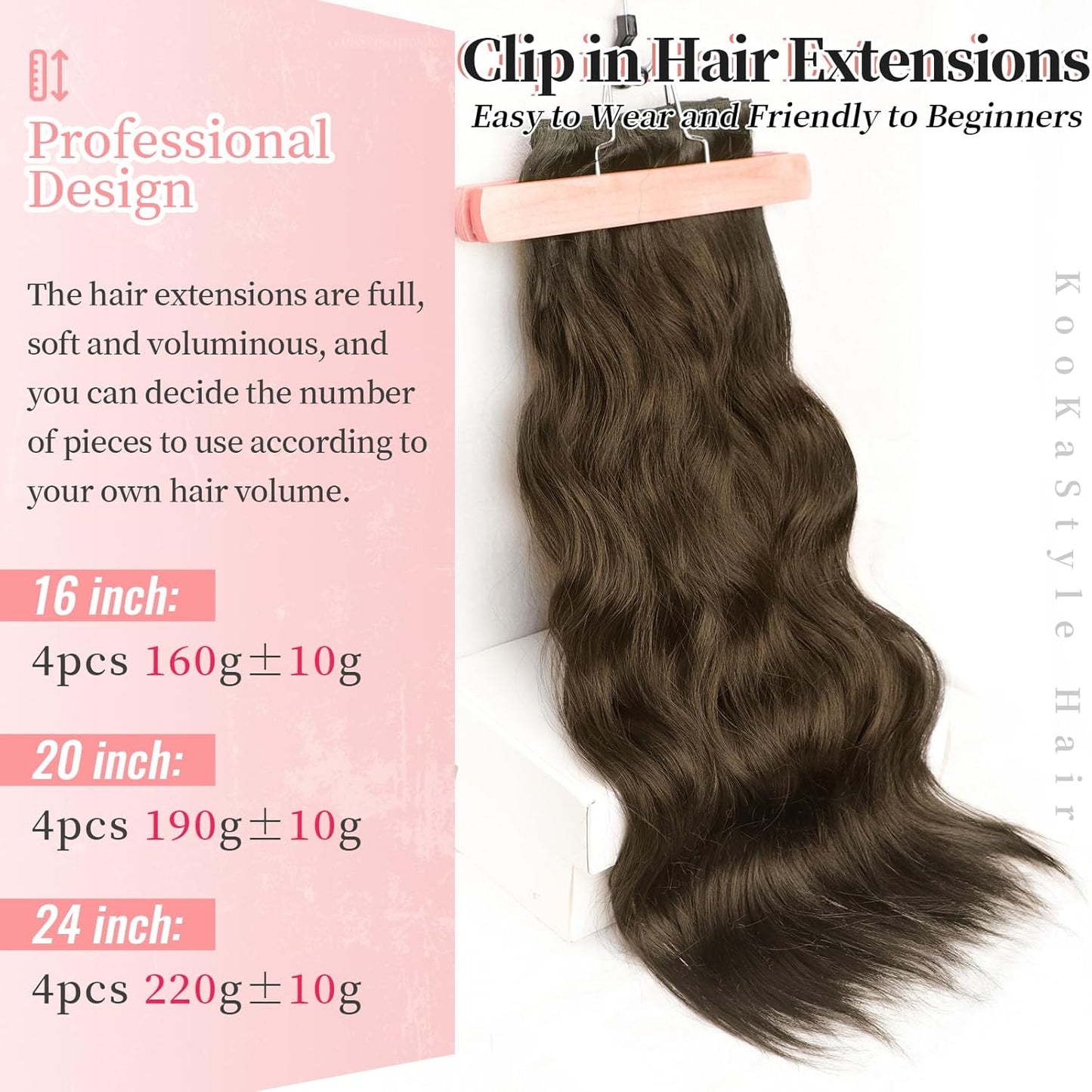 KooKaStyle Clip in Synthetic Hair Extensions Long Wavy 4PCS Thick Hairpieces Chestnut Brown Fiber Double Weft Natural Hair Extensions 24 Inch for Women