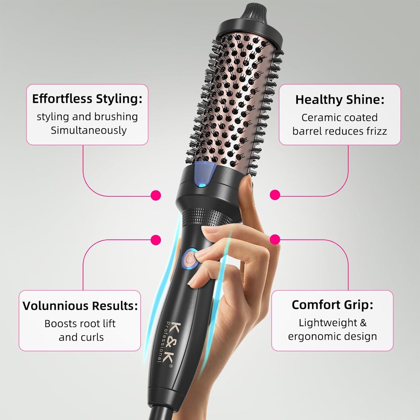 K&K Heated Curling Brush - 1.5 Inch Ceramic Tourmaline Ionic Volumizing Hot Brush for Root Volume & Loose Curls (Black)
