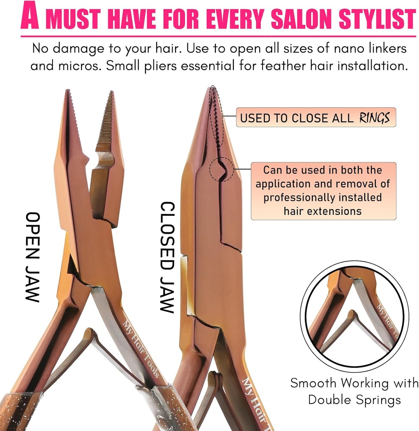 Professional Hair Extension Tools Microlink Bead Remover Plier for Hair Extensions Removal Micro Ring Beads Opener 5.5 Inch Pliers Silver Polish Stainless Steel (Rose Gold Glitter Applicator)