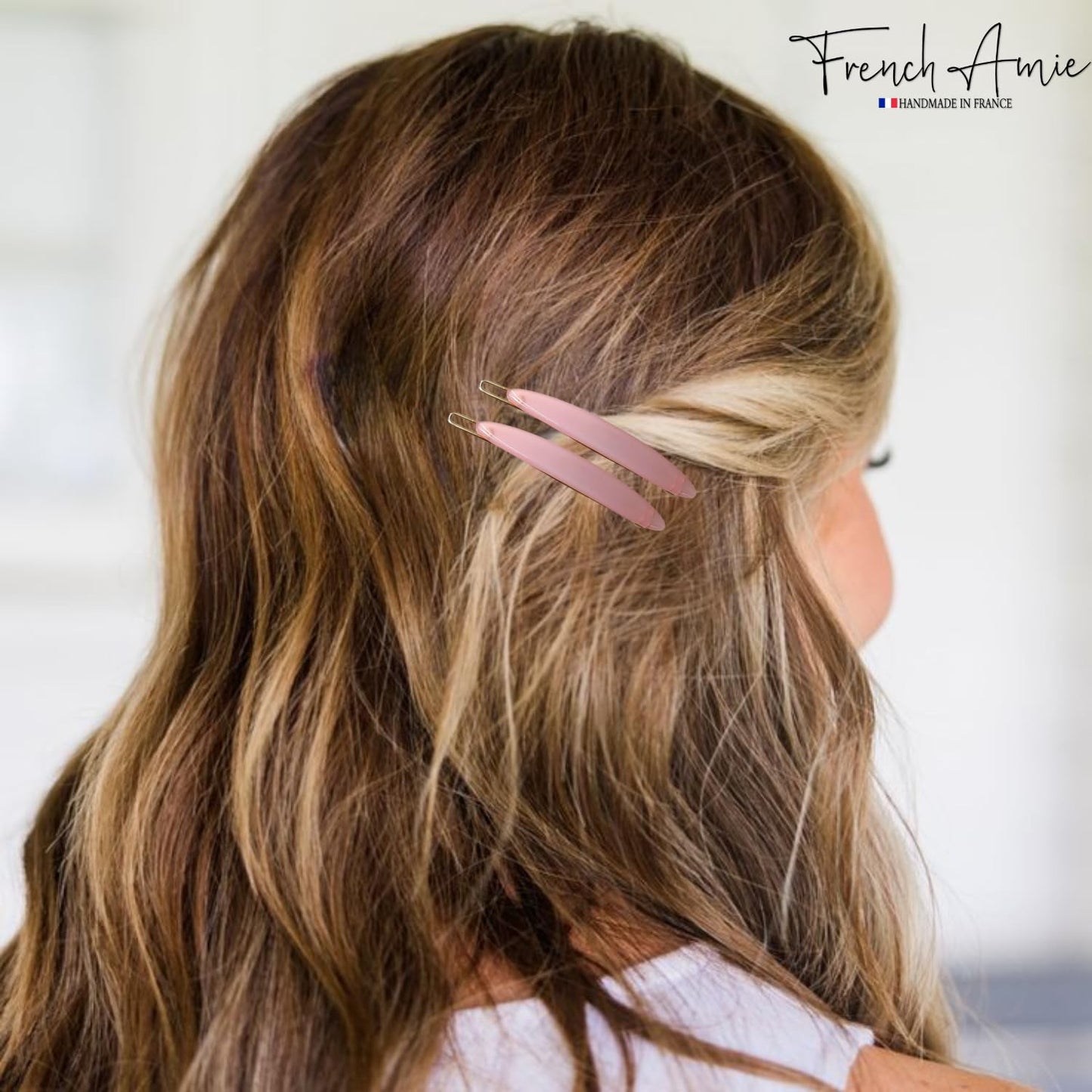 French Amie Narrow Oblong Small 2 1/4" Celluloid Acetate Set of 2 Side Slide In Hair Clip Barrettes with Tige Boule Clasp for Girls and Women, Made in France (Blush Pink)