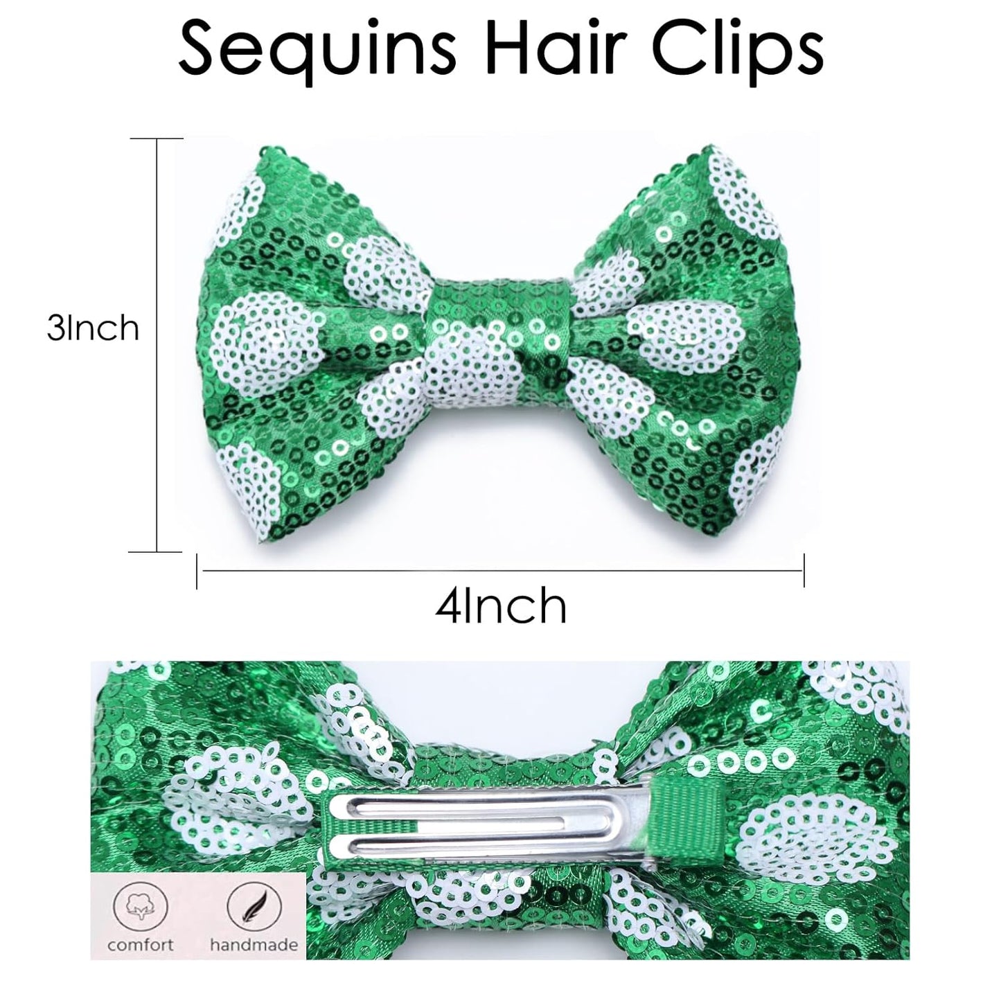 KISZU 4 Inch Sequin Glitter Hair Bows Clips, Sparkling Bling Little Bow HairPins Hair Accessories for Baby Girls Kids Children Teens and Women (Green Dot)