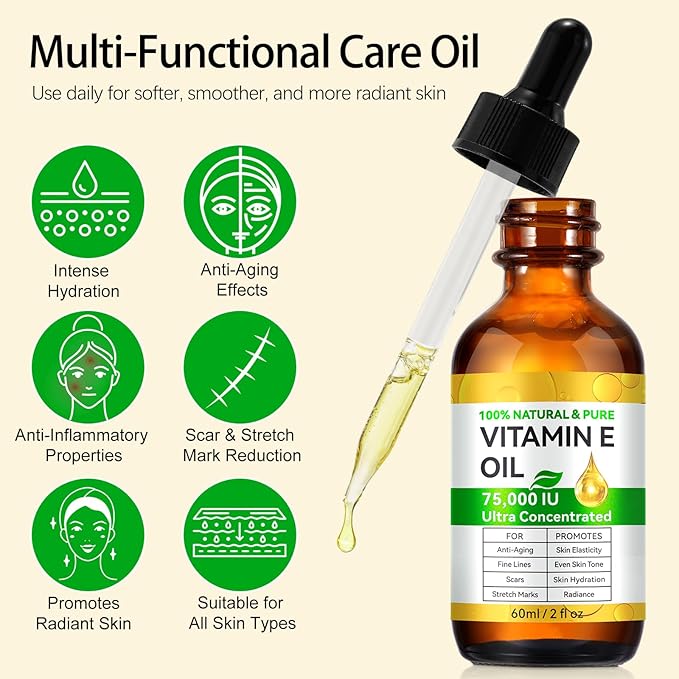 2Pack Vitamin E Oil, 75,000 IU - Scar Repair, Hydrates & Promotes Skin Elasticity, 2 Fl Oz for Face & Body, Natural Solution for Wrinkles, Stretch Marks, and Even Tone