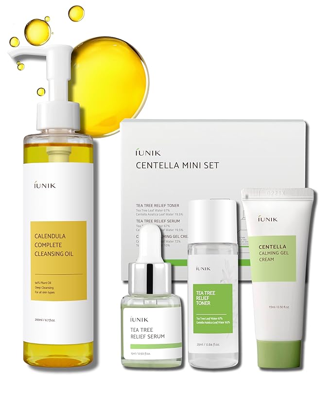 IUNIK Centella Mini Set, Travel Friendly Skincare Set, Ultra calming and hydrating for sensitive skin: Tea Tree Relief Toner, Serum, Centella Calming Gel with Oil Cleanser