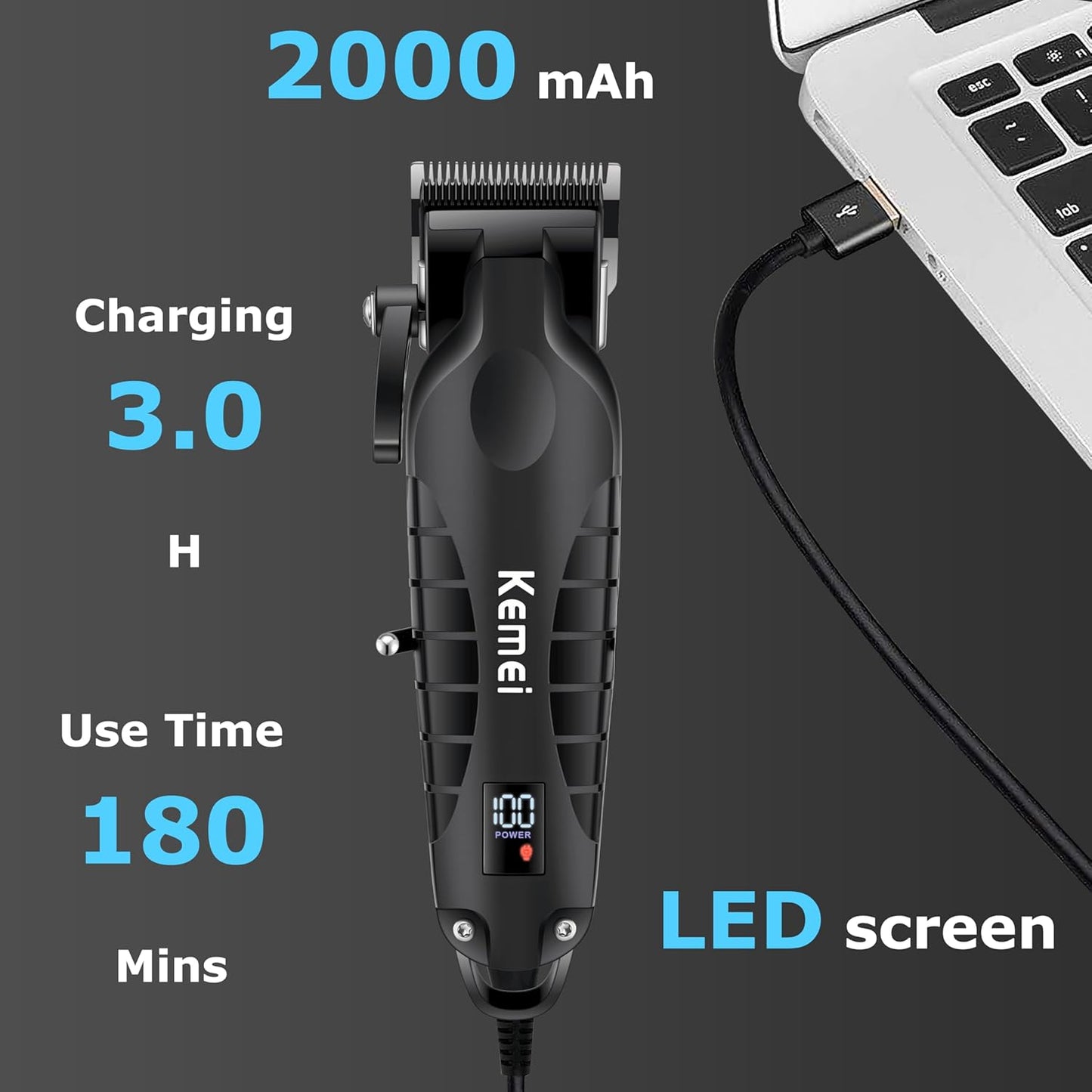 KEMEI 2290 Professional Hair Clippers for Men Cord/Cordless Hair Cutting Kits, Hair & Beard Trimmer, T Blade Barber Clipper with LED Display & USB Rechargeable, Black