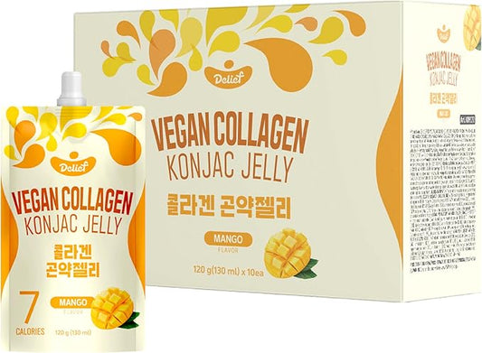 Vegan Collagen Konjac Jelly (Mango Flavor) 120g x 10 Packs – Low-Calorie Fruit Gel Snack, Gluten-Free, Plant-Based, 7 kcal per Pouch