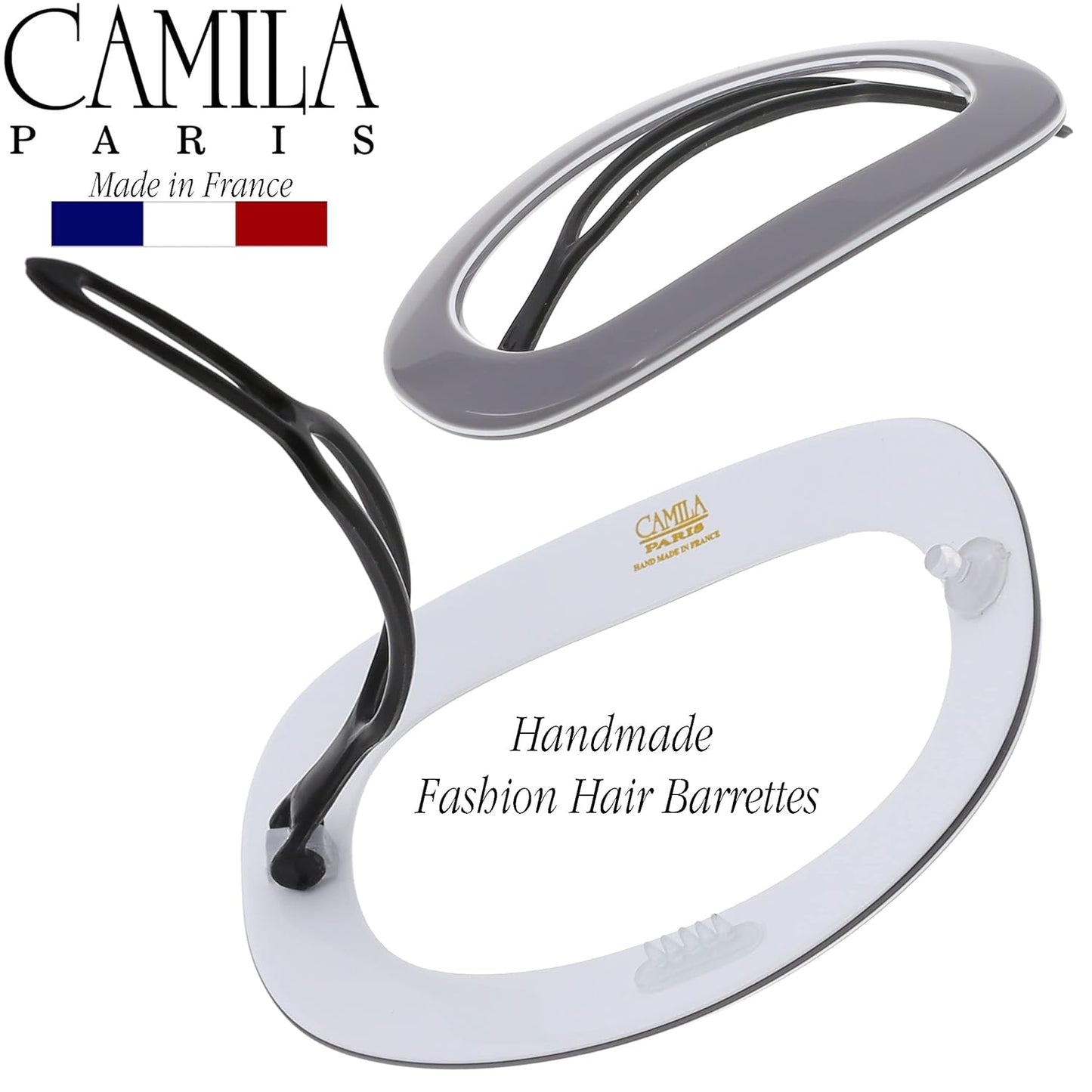 Camila Paris CP3356 French Hair Barrette Clip for Women, Handmade, Gray White, Slide-in Metal-Free Closure, Strong Hold Grip Hair Clips for Girls, No Slip Durable Hair Accessories, Made in France