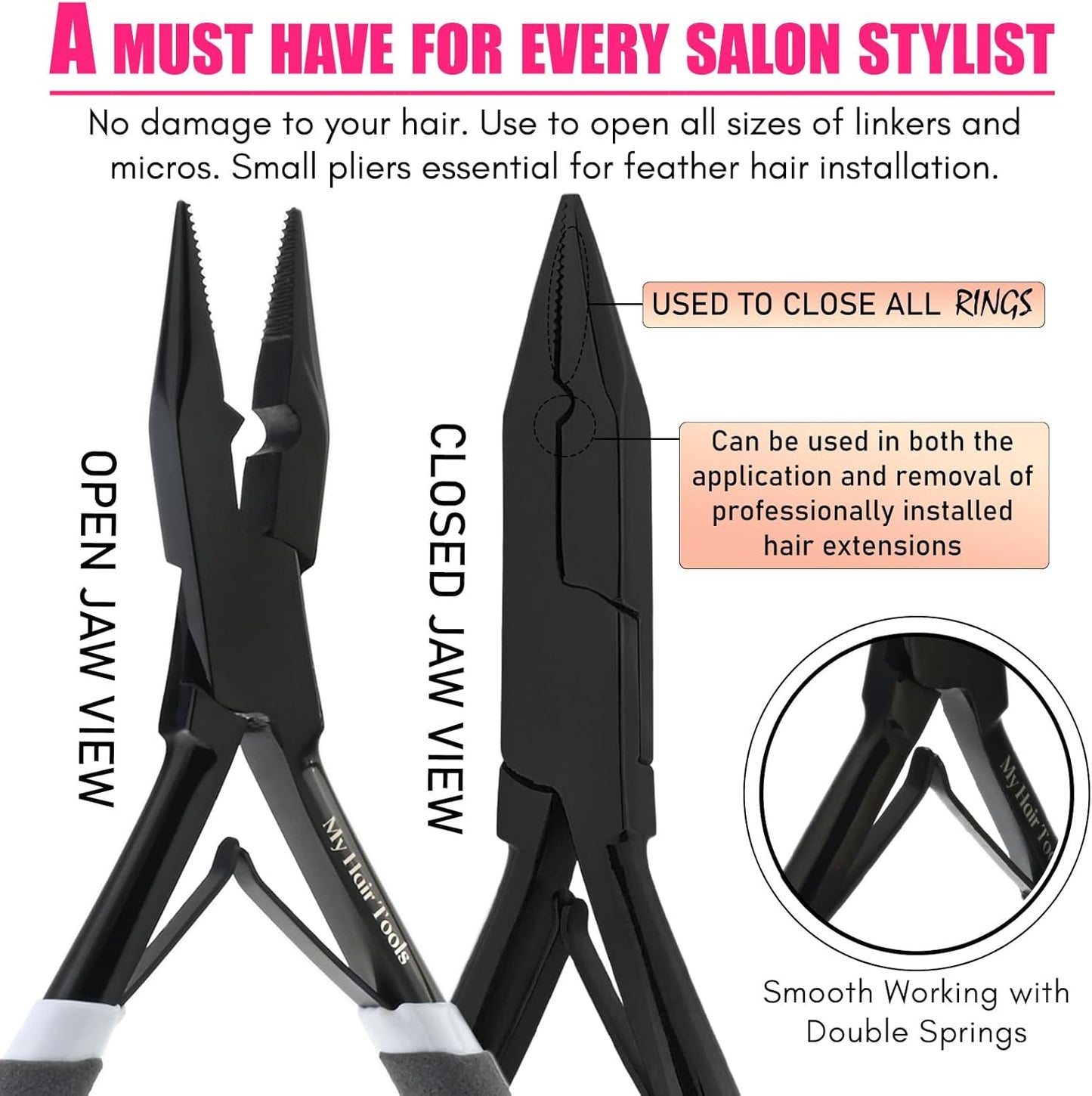 Professional Hair Extension Tools Microlink Bead Remover Plier for Hair Extensions Removal Micro Ring Beads Opener 5.5 Inch Pliers Silver Polish Stainless Steel (Black Gray Foam Applicator)