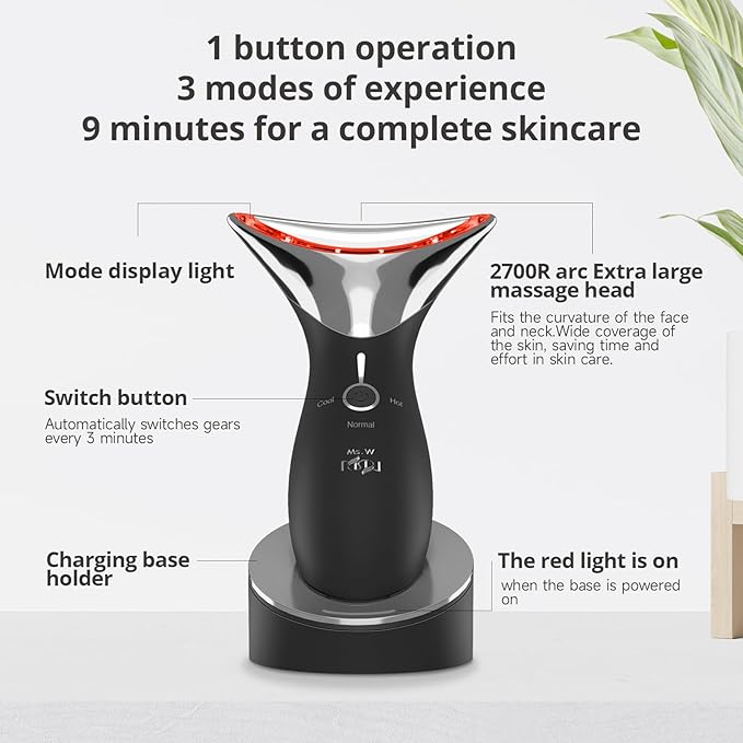 Ms.W Red Light Neck Face Massager, Facial Massager with Hot & Cold Modes for Skin Care, Vibration for Skin Tightening and Rejuvenation（Black）