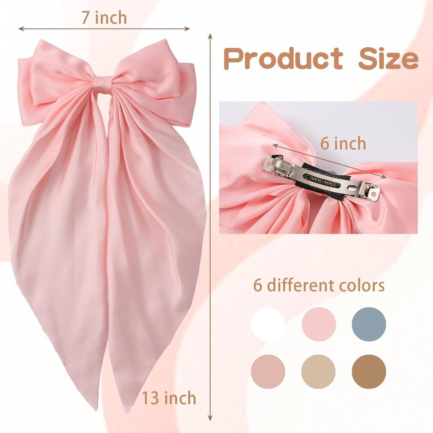6 PCS Hair Bows for Women, Big Bow Hair Clips for Girls, Silky Satin Hair Bows Clips Oversized Long Tail, Large Hair Barrettes Cute Hair Accessories, Metal Bow Clips for Hair Khaki Color