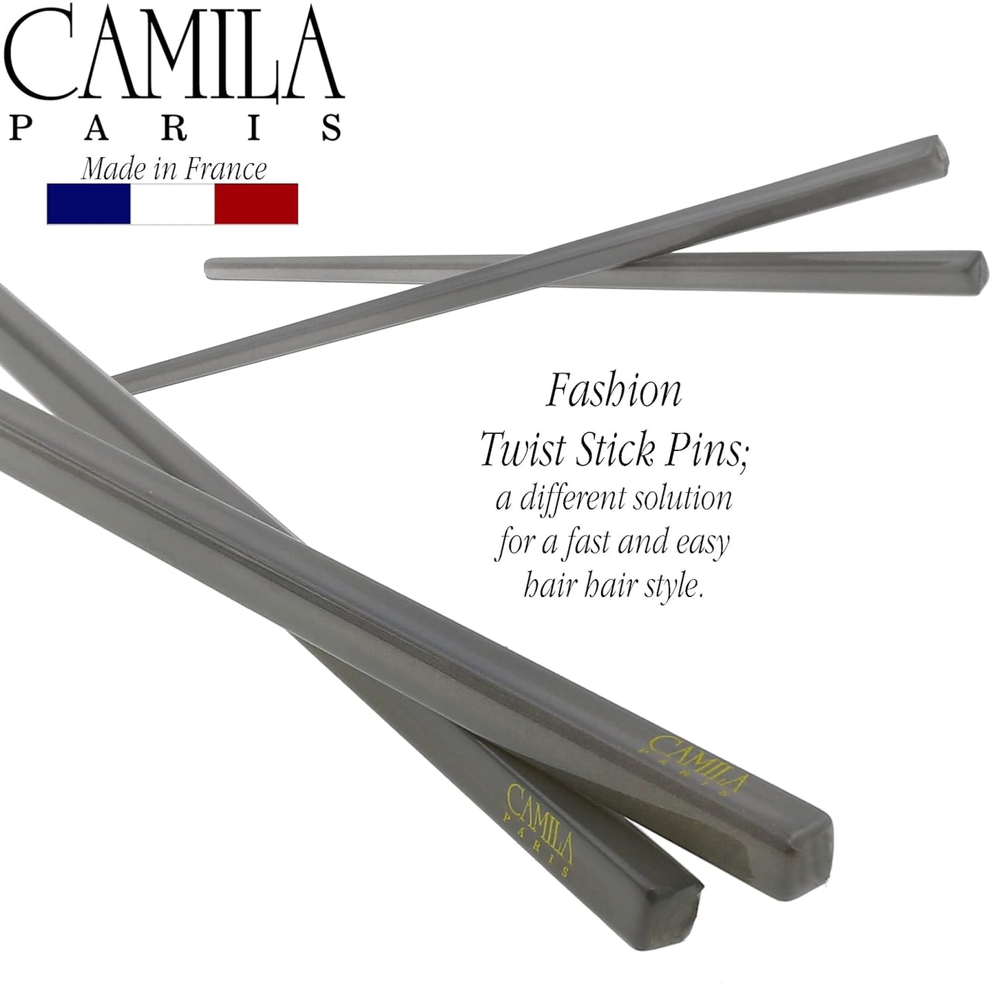 Camila Paris CP3381 French Twist Stick Hair Pin, Set of 2 Gray, Girls Chopsticks Hair Pins for Girls Spiral Updo Chignon Bun Holder, Styling Hair Accessories for Women, Made in France