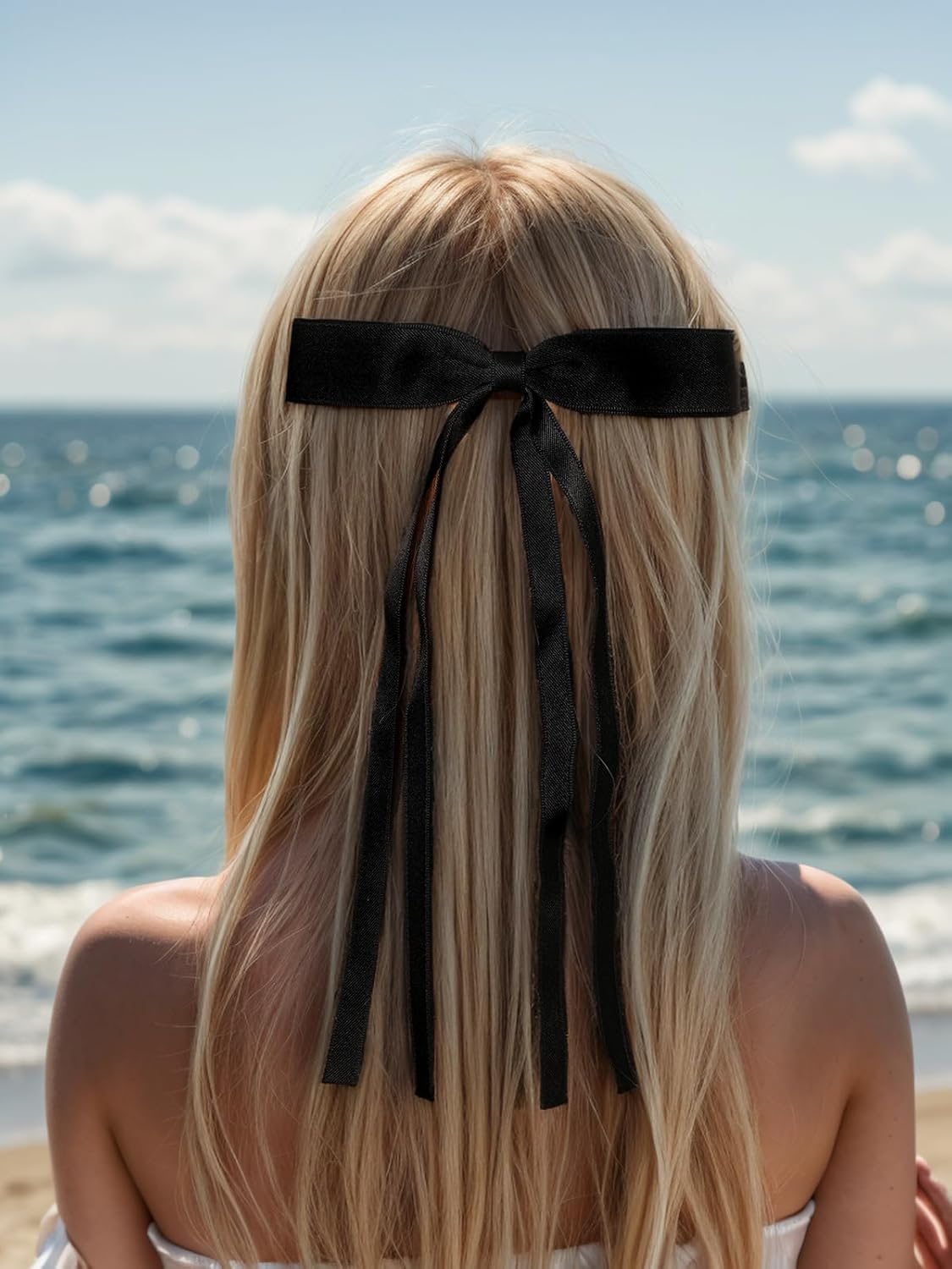 LFOUVRE 4pcs Hair Clips for Women Tassel Ribbon Bowknot with Long Tail, Clip Girl, Solid Accessories Barrettes Claw Bow (Black White), Pack of 1,4 Count