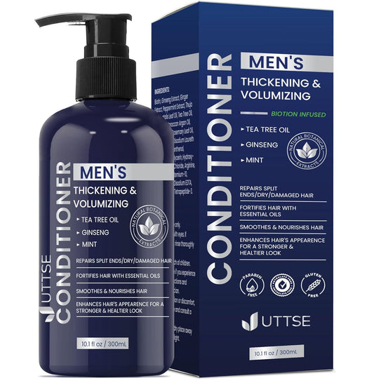 Biotin Hair Growth Conditioner for Men: Natural Thickening and Volumizing Conditioner with Tea Tree Oil Ginseng Mint for Hair Loss and Thinning Hair - 10.1 fl.oz, Dark Blue