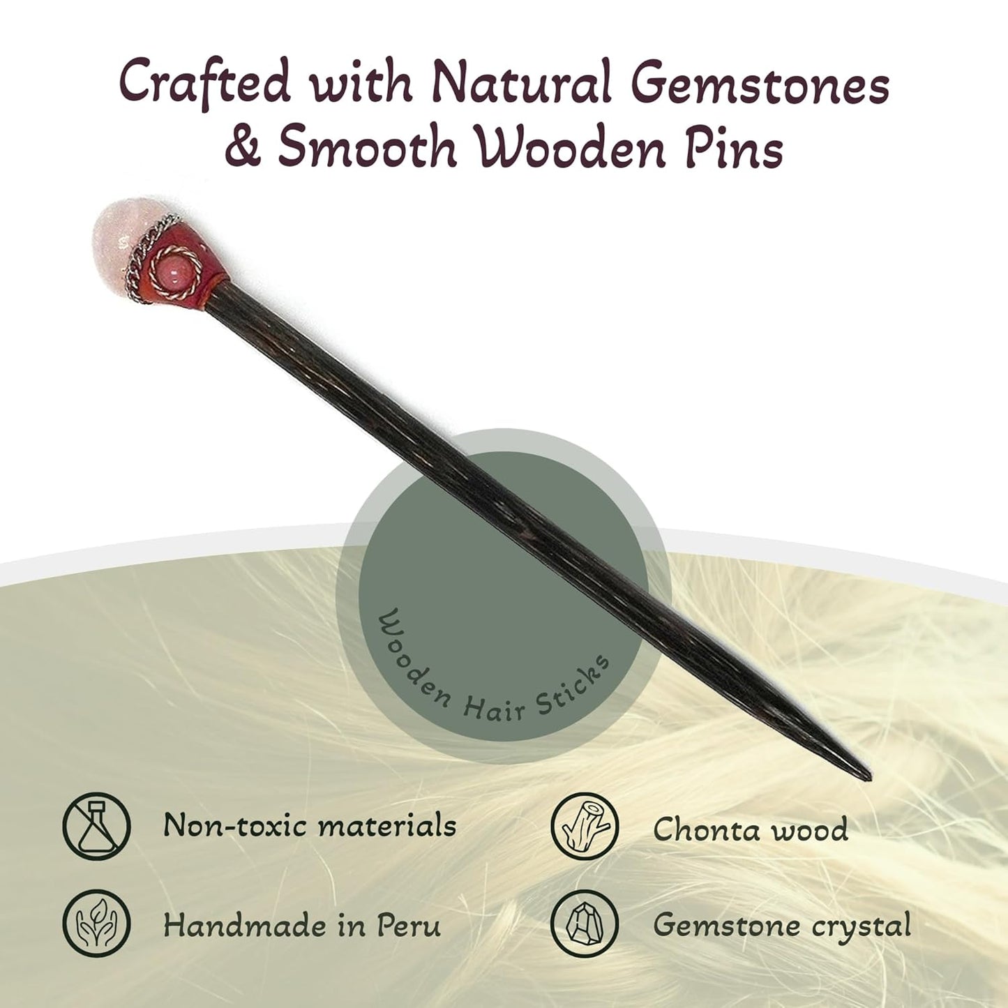 Mia Jewel Shop - Natural Tumbled Healing Gemstone Crystal Chonta Wooden Hair Sticks – Handmade Hair Sticks for Women | Hair Pins Boho Reiki Accessories, Fashion Gifts (Pink Rose Quartz)