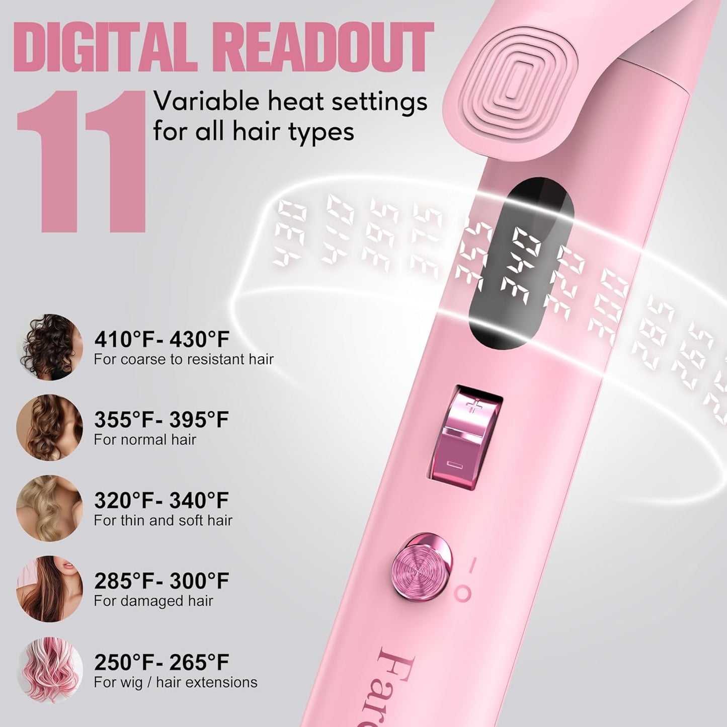 FARERY Long Barrel Curling Iron 1 1/4 inch, 1.25 Inch Curling Iron for Thin Hair, Infused Argan Oil & Keratin, 11 Adjustable Temp, Include Clips & Silicone Pad, Pink