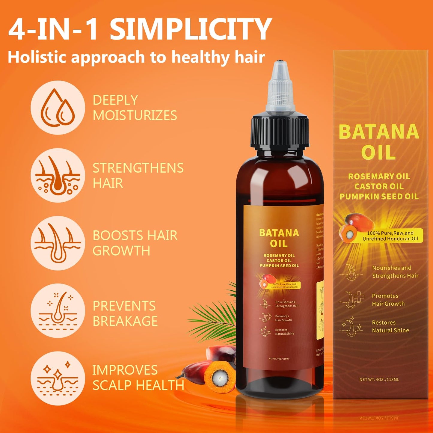Natural Batana Hair Revival Formul, 4-in-1 Liquid Batana Oil, Batana Oil for Hair, Rosemary Oil for Hair, for Men and Women, Prevents Dry Hair & Hair Loss for All Hair Types (2PCS)