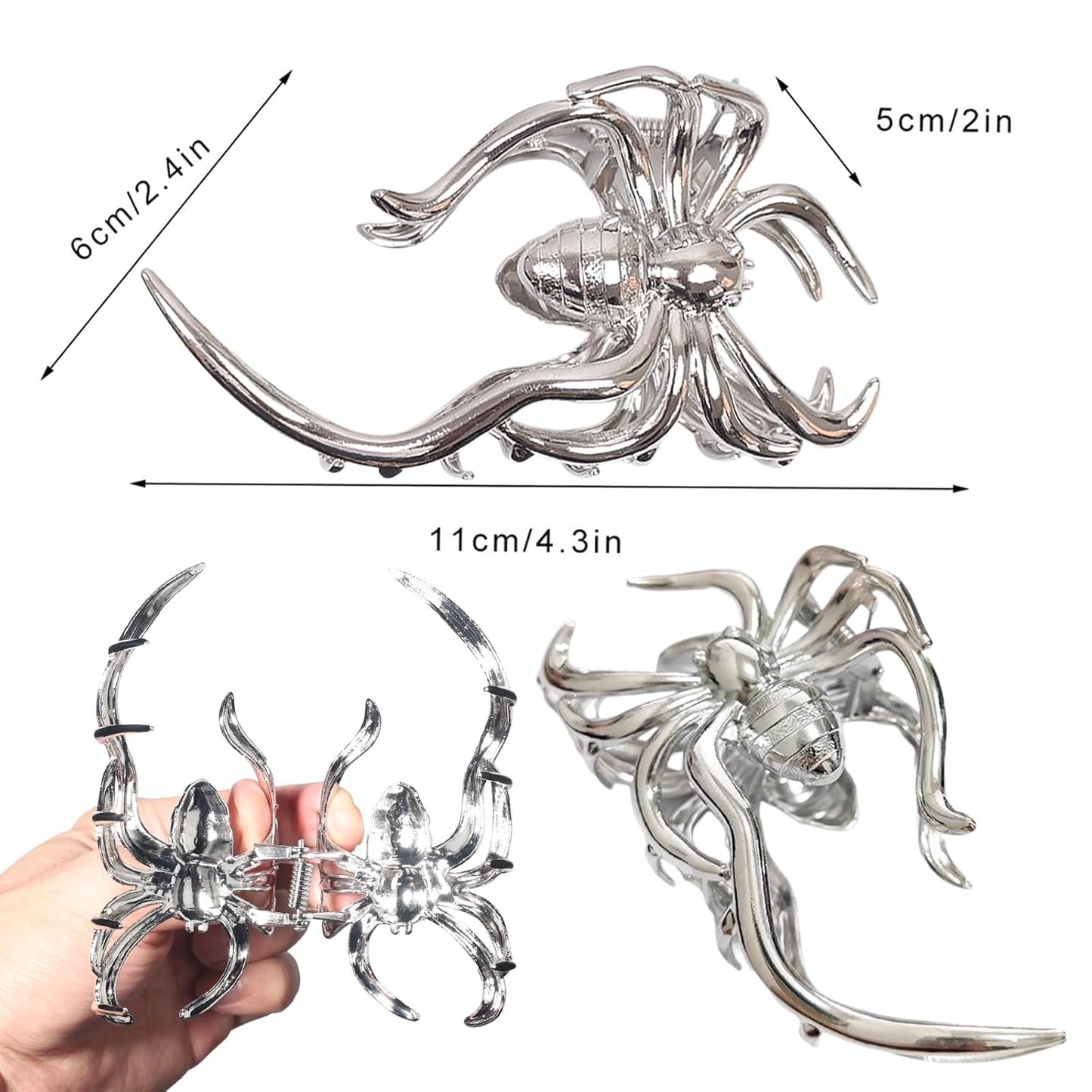 Halloween Spider Hair Claw Clips - Metal Silver Alloy Nonslip Terror Strong Hold Gothic Punk Spider Style 2