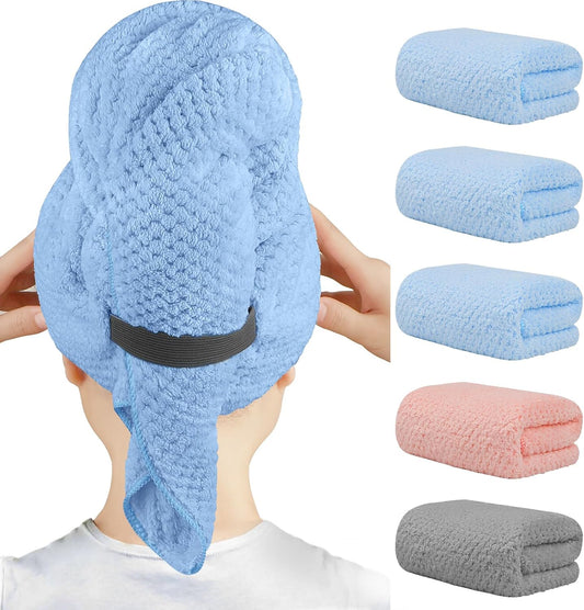 HOMEXCEL Blue Microfiber Hair Towels 5 Pack- 40 x 20 inches Super Soft, Fast Drying Turbans for Long, Thick, Curly Hair - Anti Frizz Wrap with Elastic Strap, Blue/Pink/Grey